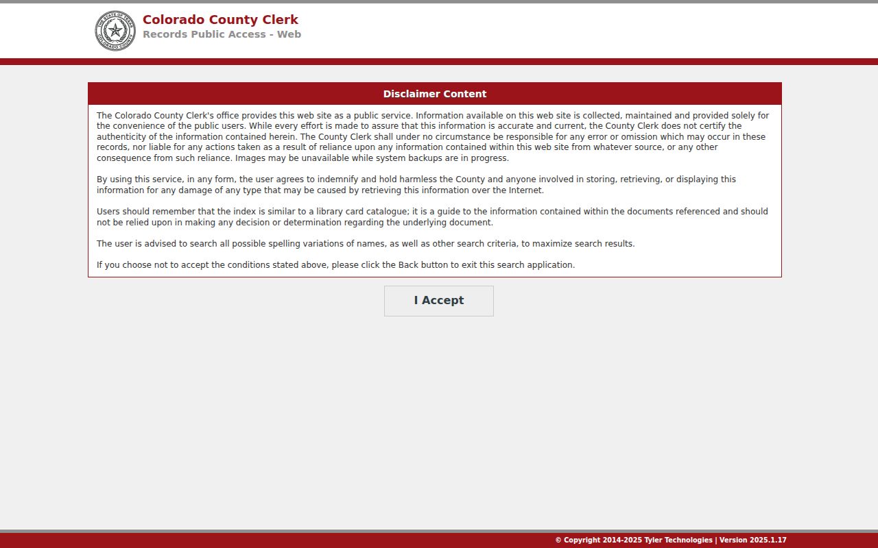 Colorado County Tyler public access disclaimer